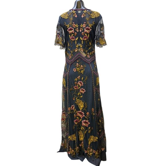 Sundance Embroidered Maxi Dress W/Slip Teal Floral V-Neck M - Picture 2 of 8